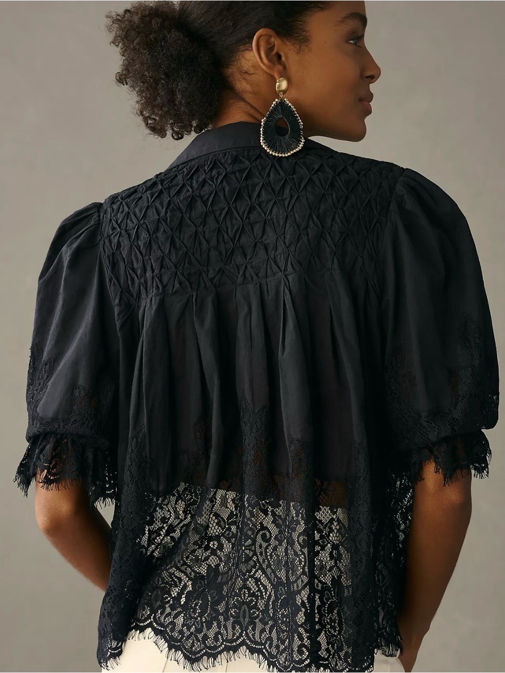 Anthropology L sheer lace black textured victorian silhouette cotton blouse - Picture 3 of 16